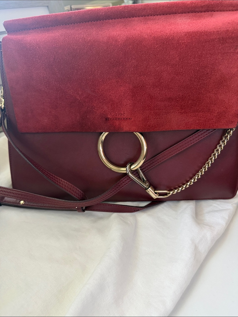 Chloé Two-Tone Burgundy Leather and Suede Crossbody with Gold Ring